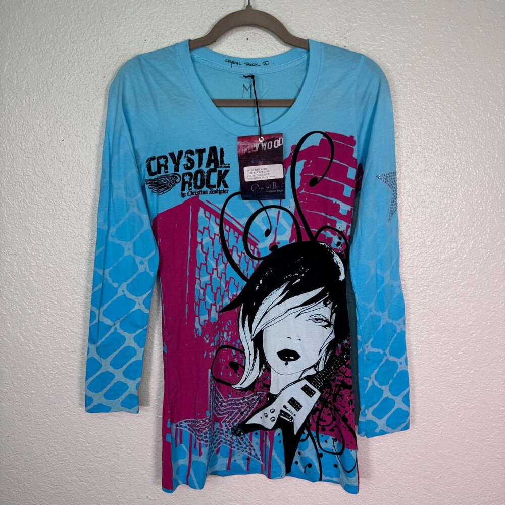 Christian Audigier Y2K Shirt Women Medium Crystal Rock Rocker Girl Tee Tunic Top